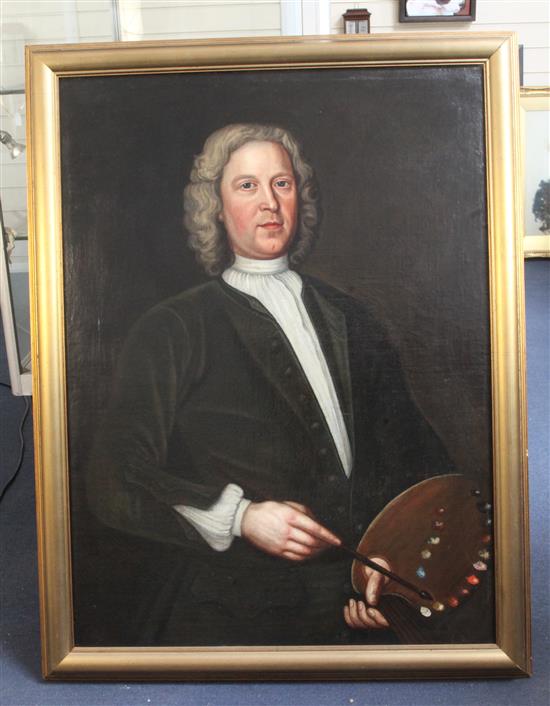 18th century English School Half length portrait of an artist standing holding a palette 36 x 27in.